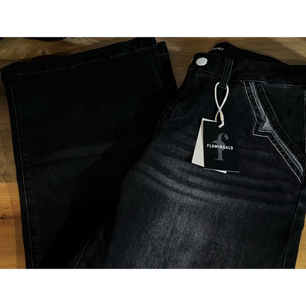 Flamingals Wide-Leg Black Denim Jeans High Rise Button Zip - Picture 6 of 8